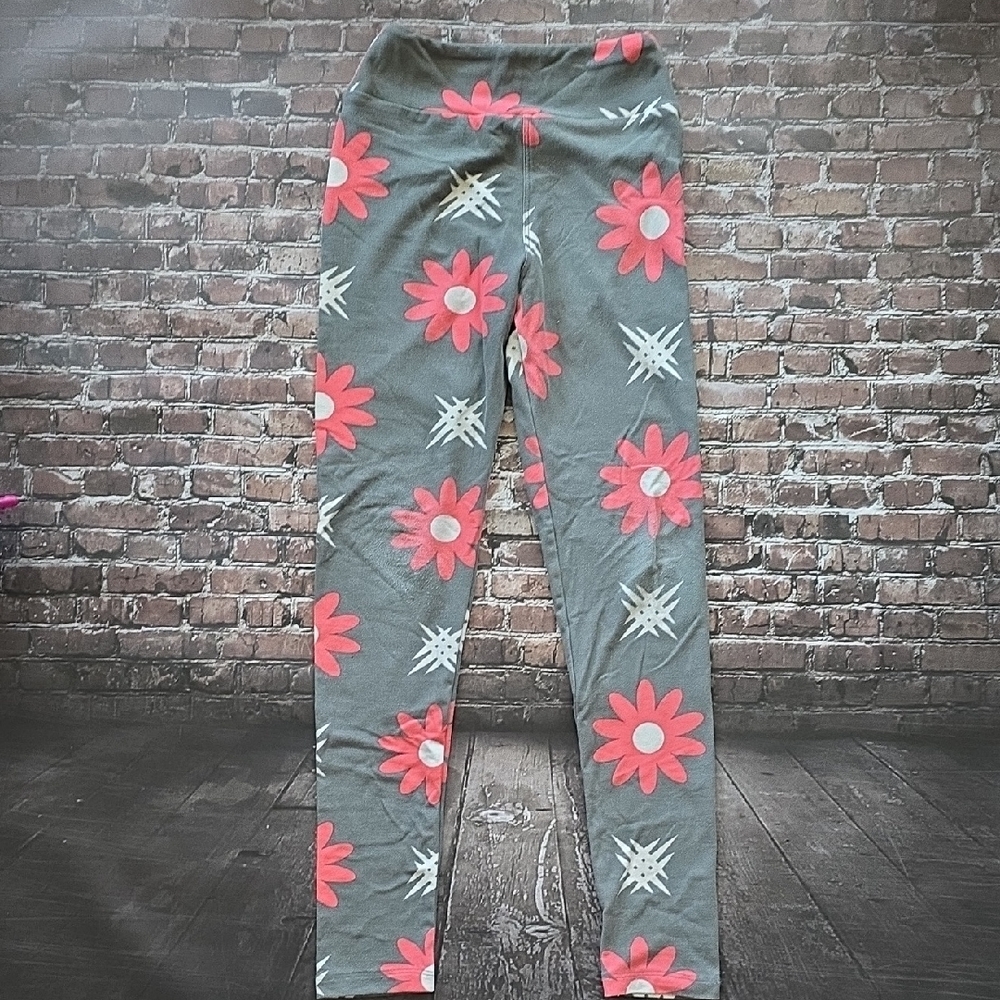 LuLaRoe Girls' Gray Floral Leggings with Pink Daisies - Tween